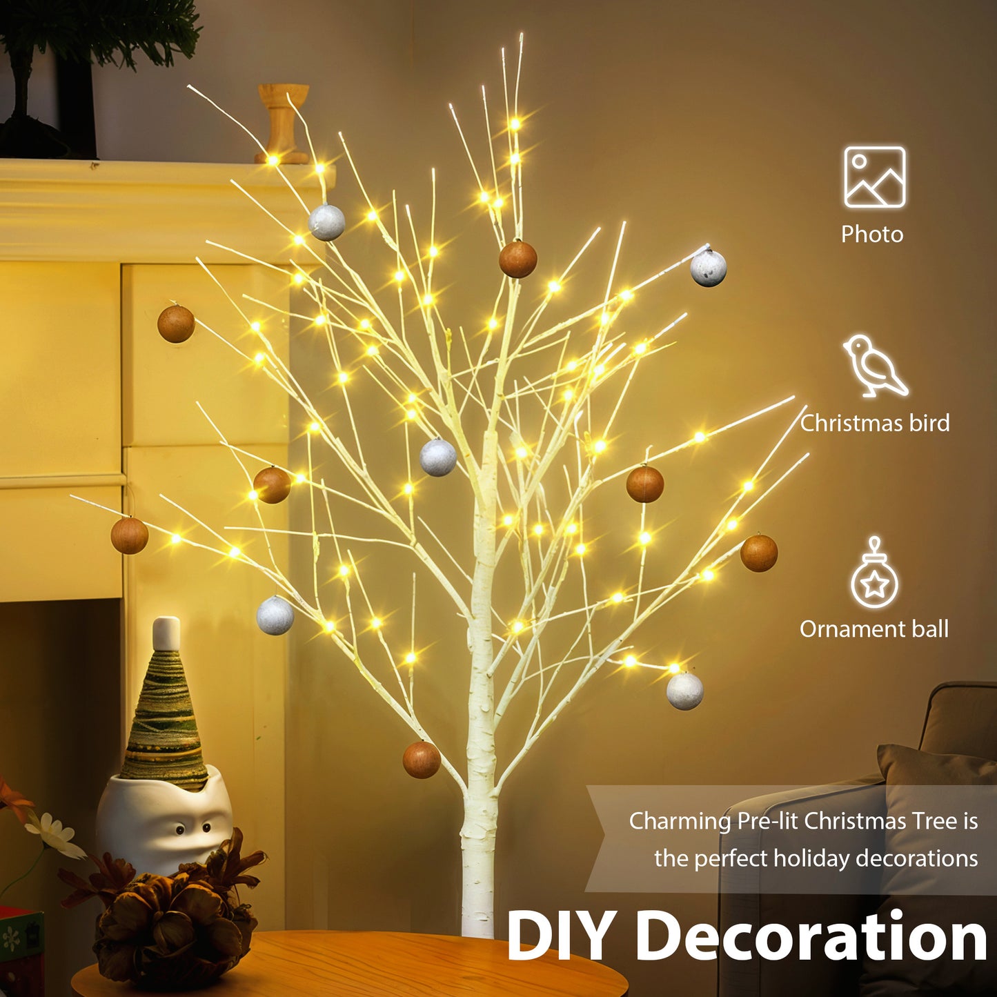 Set of Lighted Birch Tree,4FT 48 LED/5FT 72 LED/6FT 96 LED Artificial Tree with Warm White Lights,Christmas Tree Doba