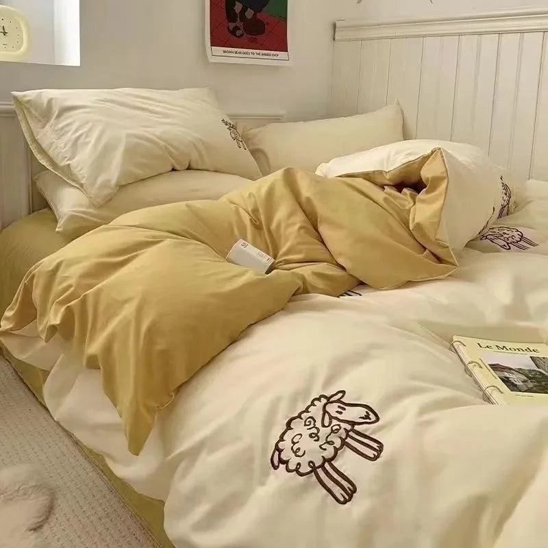 Korean Style Bedding Set Boys Girls Twin Queen Size Duvet Cover Flat Sheet Pillowcase Bed Linens Kids Adult Fashion Home Textile Home Bedding Store