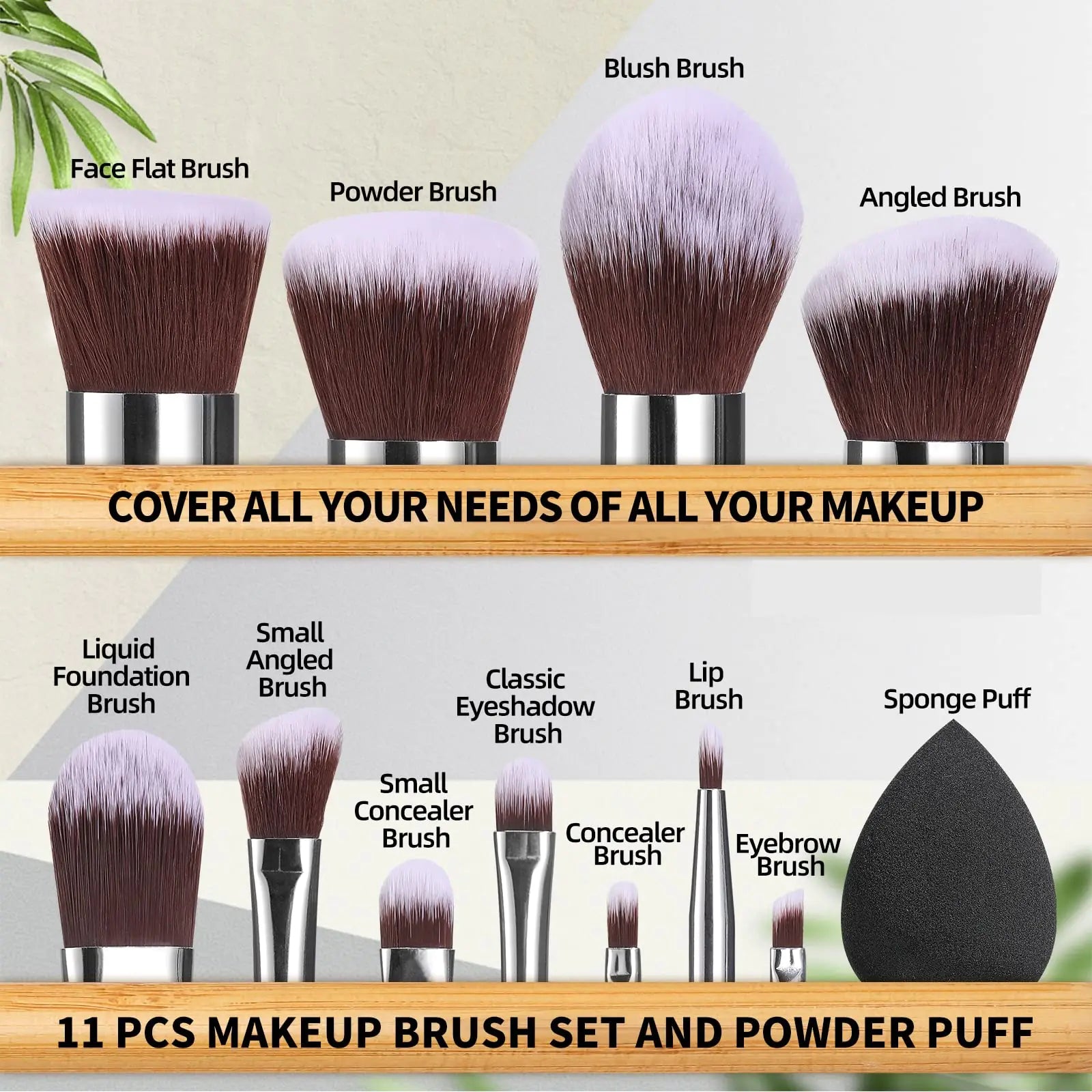 BS-MALL Makeup Brush Set 11Pcs Bamboo Synthetic Kabuki Brush Set Foundation Powder Blending Concealer Eye shadows Blush Cosmetics Brushes with Organizer Bag & Makeup Sponge Bamboocolor Epic.Wish.Gifts