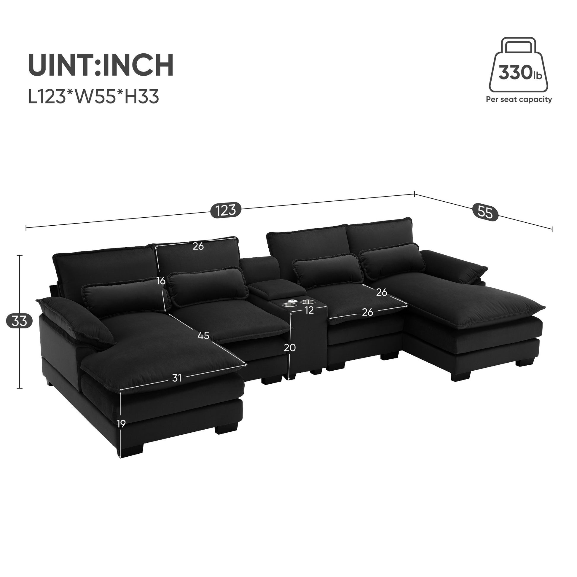 Modern U-shaped Sofa with Console,Cupholders and USB Ports,6-seat Furniture ,Sleeper Doba