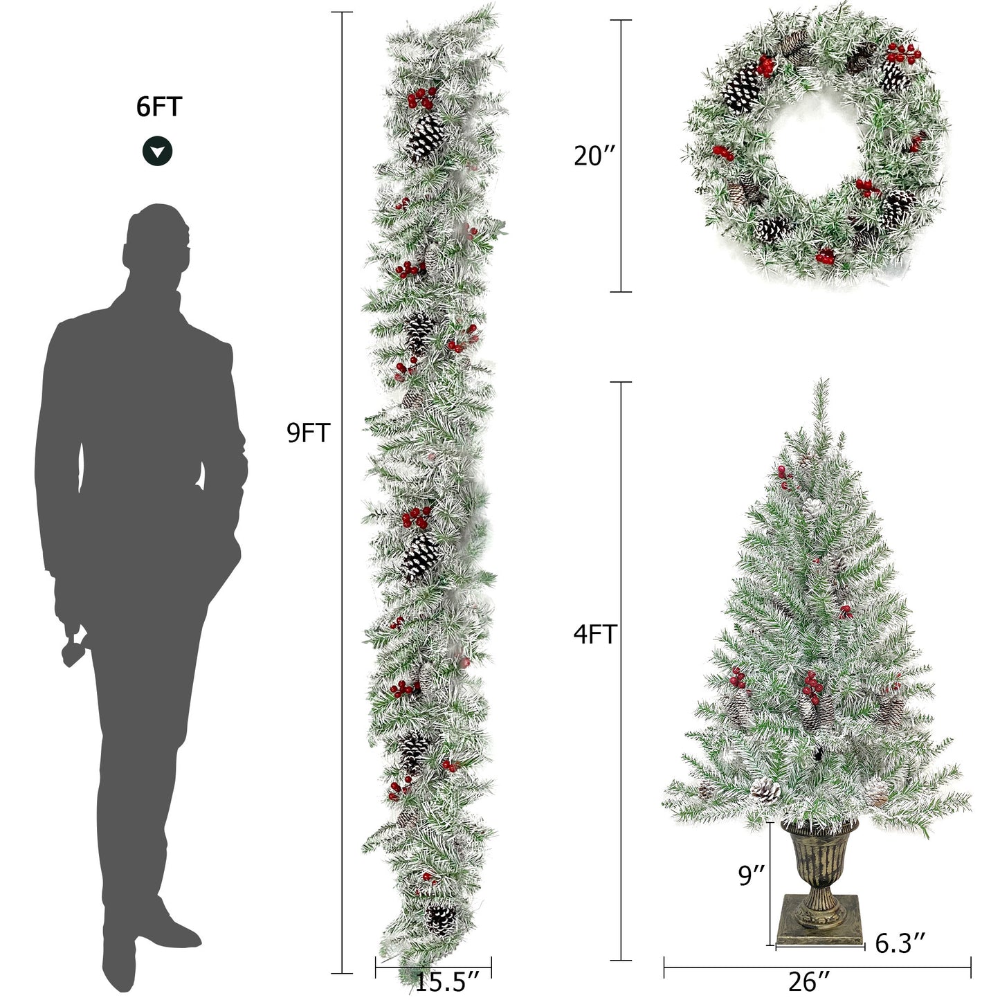 Pre-lit Xmas Tree Artificial Christmas 4-Piece Set,Garland, Wreath and Set of 2 Entrance Trees X-mas Doba