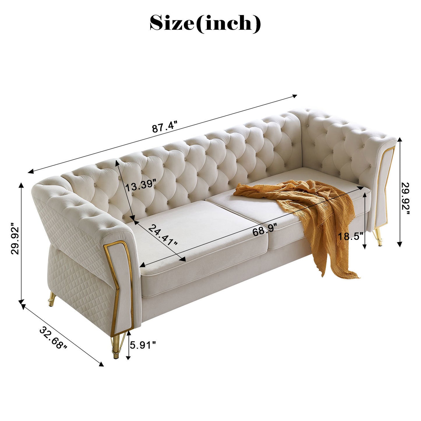 Modern Tufted Velvet Sofa 87.4 inch for Living Room Beige Color Doba