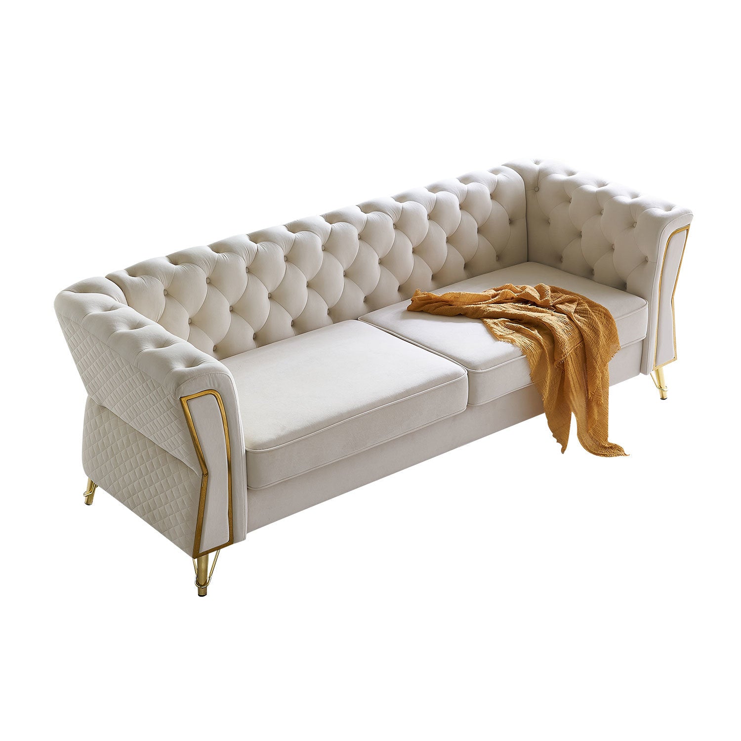 Modern Tufted Velvet Sofa 87.4 inch for Living Room Beige Color Doba