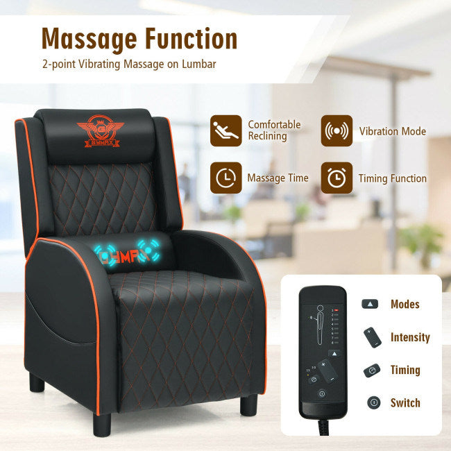 Massage Gaming Recliner Chair with Headrest and Adjustable Backrest for Home Theater Doba