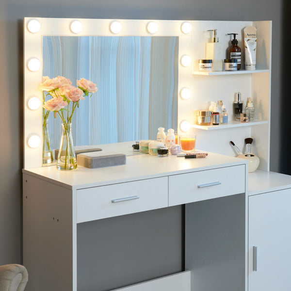 Vanity Desk with Mirror and Lights, 46.4IN Dressing Table with 2 Large Drawer&Large Vertical Organizer, 3 Level Dresser & 3 Lighting Modes Adjustable Brightness, Suitable for Bedroom(White) Doba