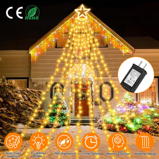 Christmas Hanging Waterfall String Light with Topper Star IP65 Waterproof Outdoor Plug In Fairy Waterfall Tree Light with 8 Lighting Modes Timer Memory Function Doba