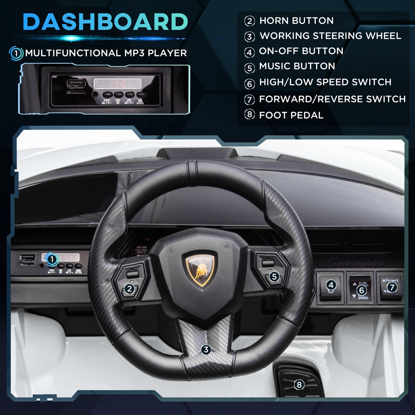 Aosom Lamborghini SIAN Licensed Kids Ride On Car, 12V Battery Powered Electric Sports Car Toy with Remote Control, Horn, Music, & Headlights, White Doba