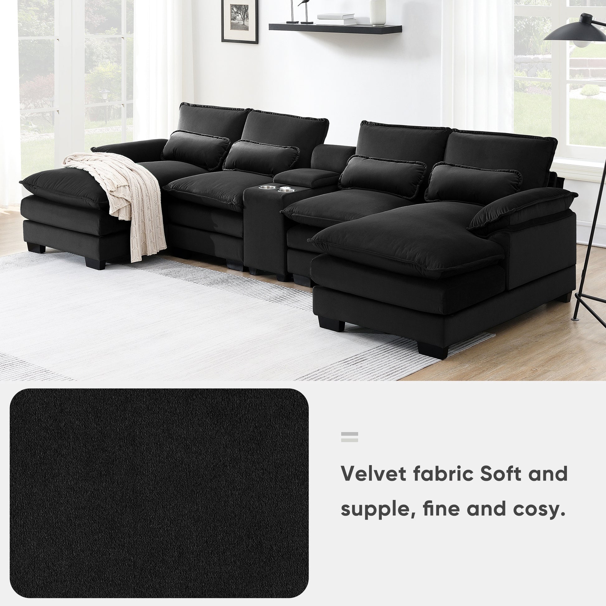 Modern U-shaped Sofa with Console,Cupholders and USB Ports,6-seat Furniture ,Sleeper Doba