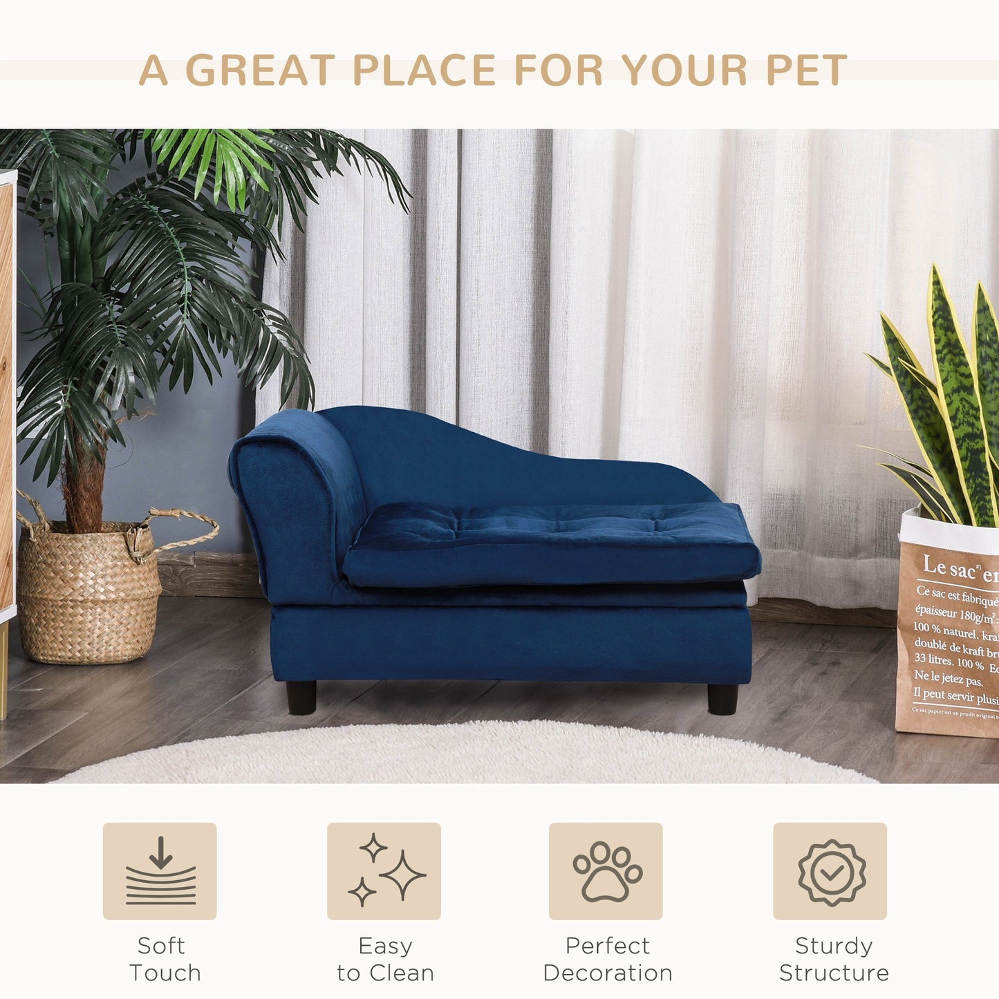 PawHut Luxury Fancy Dog Bed for Small Dogs with Hidden Storage, Small Dog Couch with Soft 3" Foam, Dog Sofa Bed, Cushy Dog Bed, Modern Pet Furniture for Puppies and Little Breeds, Blue Doba