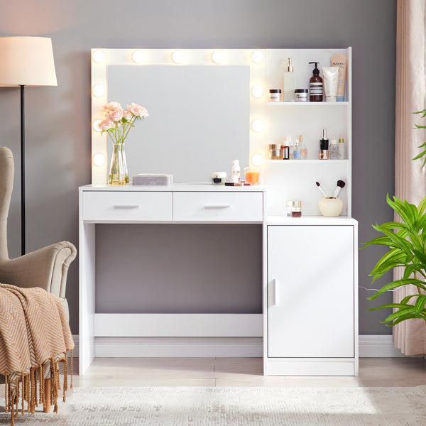 Vanity Desk with Mirror and Lights, 46.4IN Dressing Table with 2 Large Drawer&Large Vertical Organizer, 3 Level Dresser & 3 Lighting Modes Adjustable Brightness, Suitable for Bedroom(White) Doba