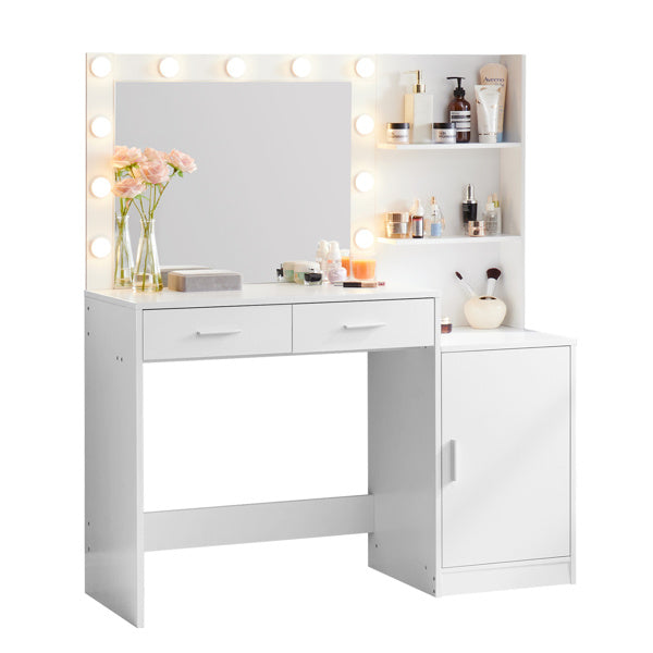 Vanity Desk with Mirror and Lights, 46.4IN Dressing Table with 2 Large Drawer&Large Vertical Organizer, 3 Level Dresser & 3 Lighting Modes Adjustable Brightness, Suitable for Bedroom(White) Doba