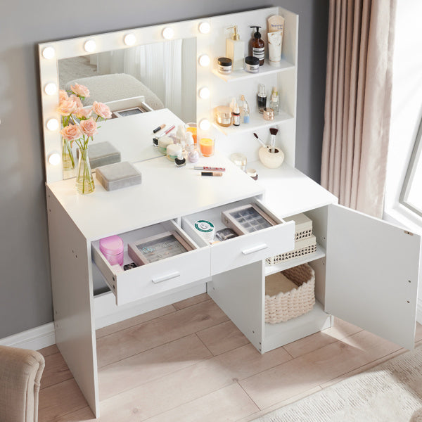 Vanity Desk with Mirror and Lights, 46.4IN Dressing Table with 2 Large Drawer&Large Vertical Organizer, 3 Level Dresser & 3 Lighting Modes Adjustable Brightness, Suitable for Bedroom(White) Doba