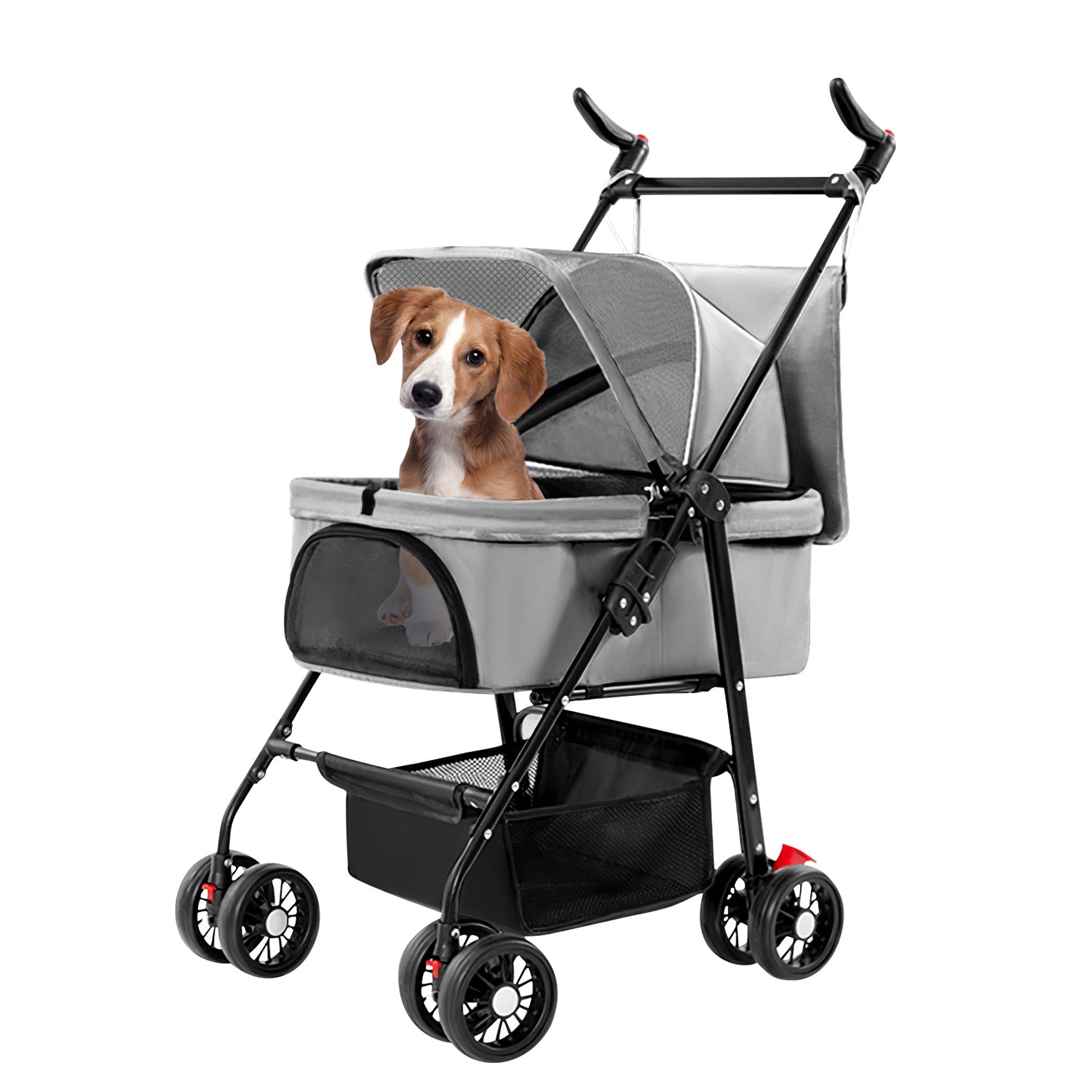 4 Wheels Pet Stroller Foldable Carrier Strolling Cart Travel Jogger Pet Stroller with Removable Liner Storage Basket for Dog Cat Doba