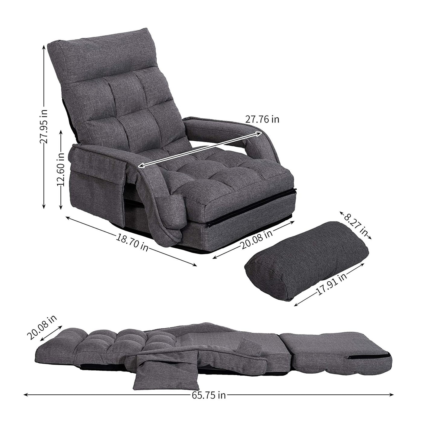 Lazy Sofa Bed Fold Floor Chair Soft Sleeper In Home Lounger Recliner 6-Position Adjustable with Armrests Pillow Dark Gray Doba