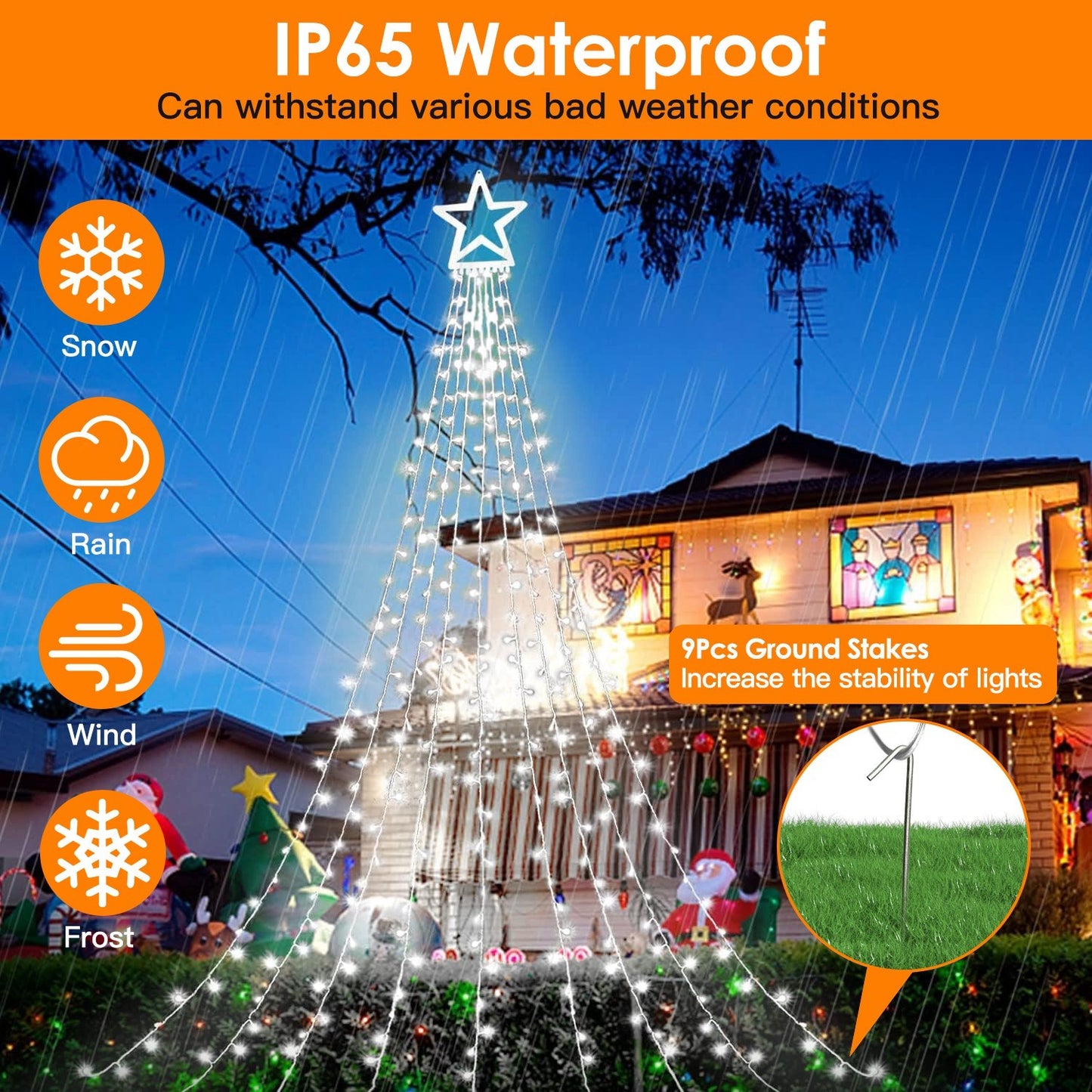 Christmas Hanging Waterfall String Light with Topper Star IP65 Waterproof Outdoor Plug In Fairy Waterfall Tree Light with 8 Lighting Modes Timer Memory Function Doba