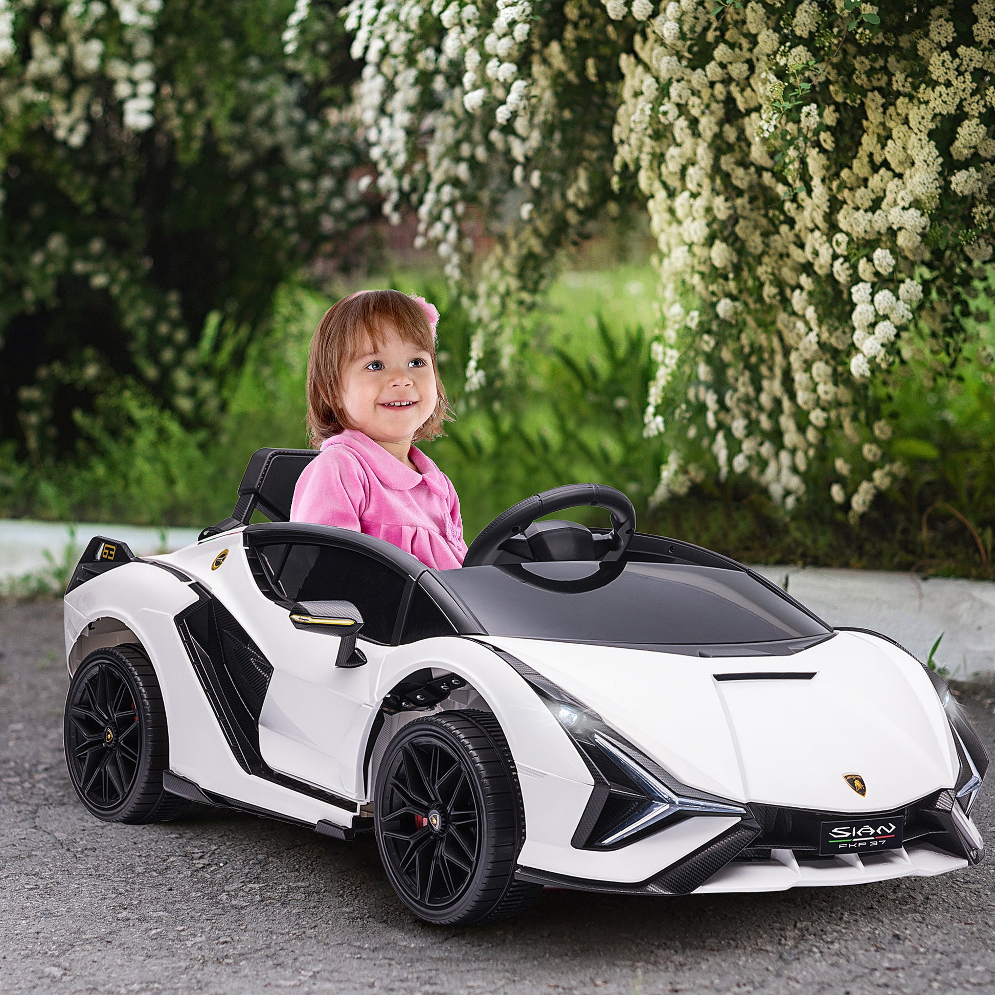 Aosom Lamborghini SIAN Licensed Kids Ride On Car, 12V Battery Powered Electric Sports Car Toy with Remote Control, Horn, Music, & Headlights, White Doba