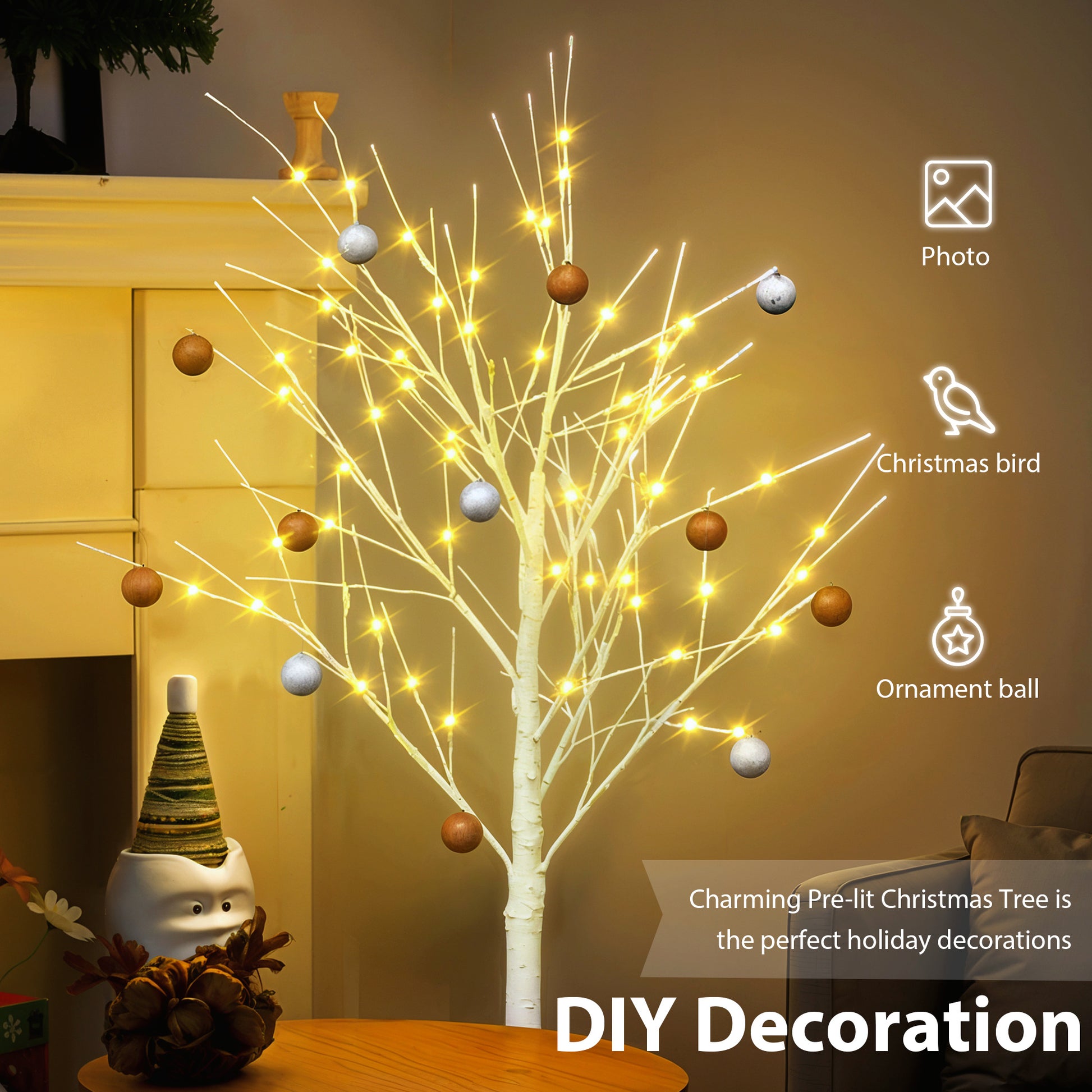 Set of Lighted Birch Tree,4FT 48 LED/5FT 72 LED/6FT 96 LED Artificial Tree with Warm White Lights,Christmas Tree Doba