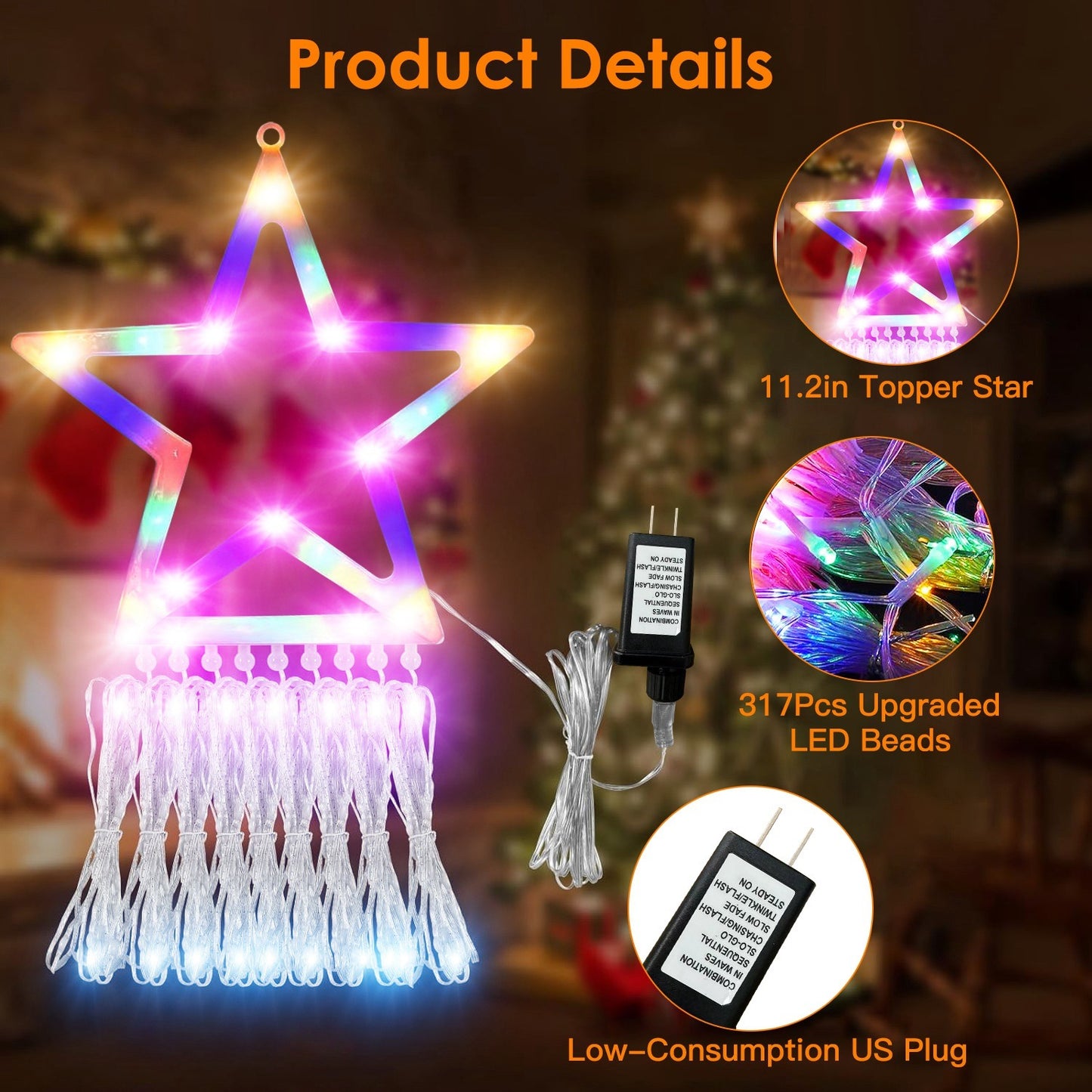 Christmas Hanging Waterfall String Light with Topper Star IP65 Waterproof Outdoor Plug In Fairy Waterfall Tree Light with 8 Lighting Modes Timer Memory Function Doba