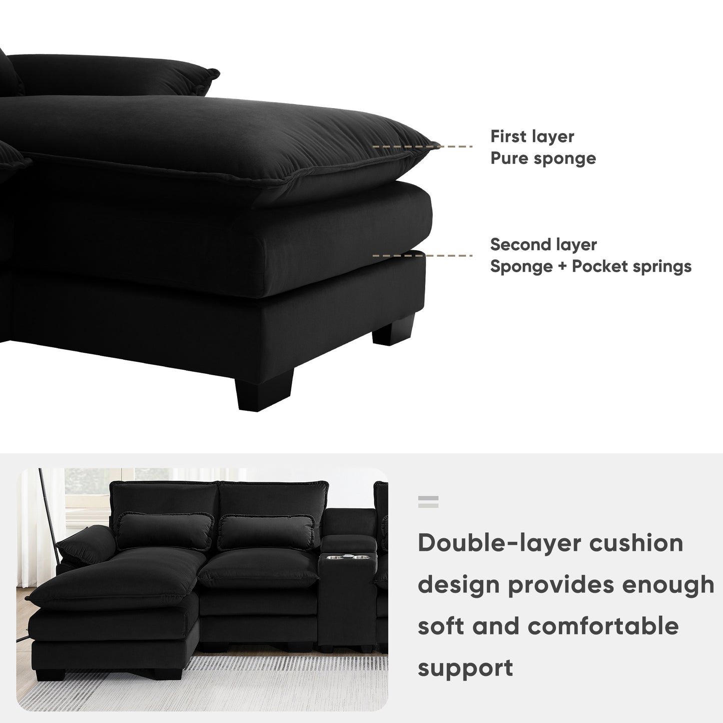 Modern U-shaped Sofa with Console,Cupholders and USB Ports,6-seat Furniture ,Sleeper Doba