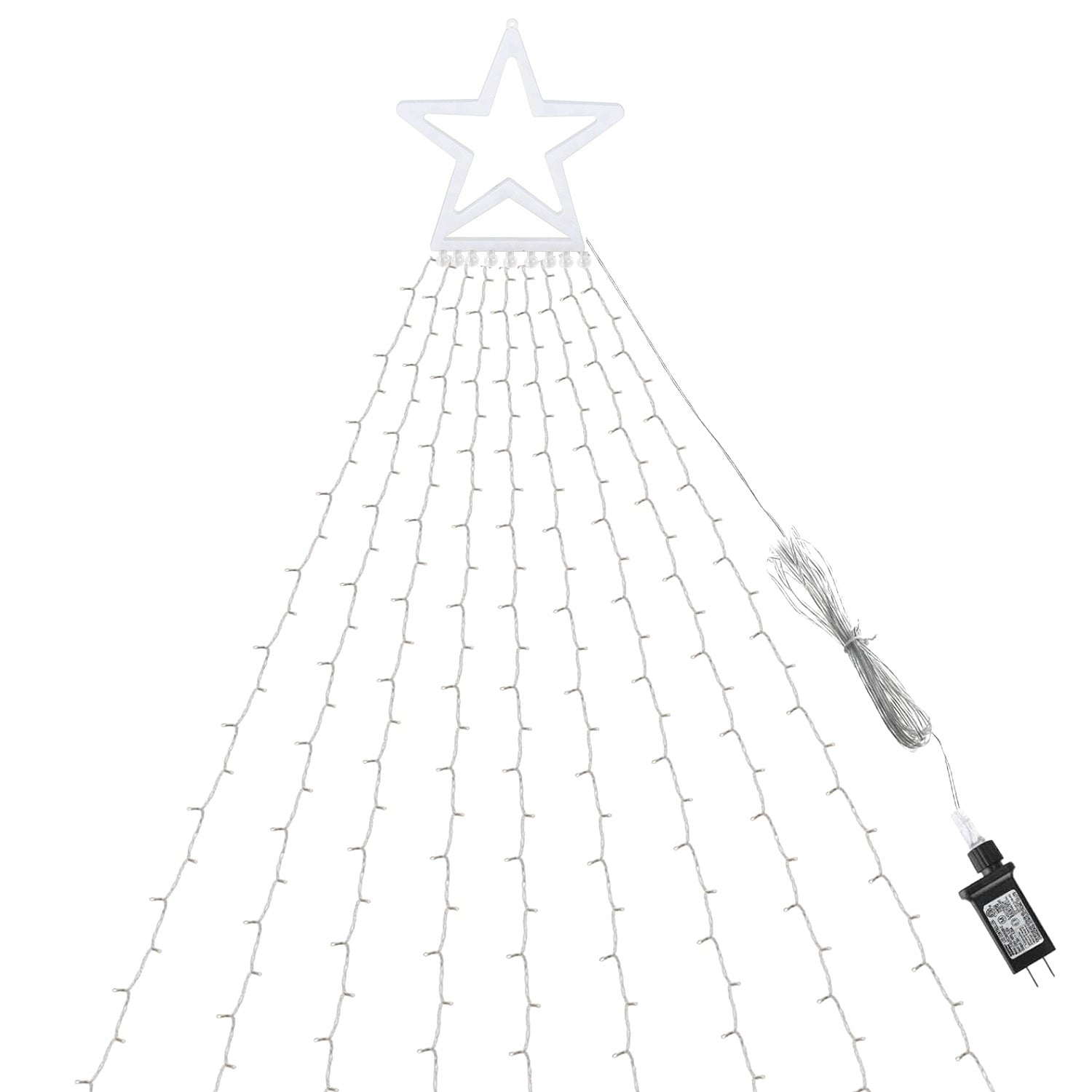 Christmas Hanging Waterfall String Light with Topper Star IP65 Waterproof Outdoor Plug In Fairy Waterfall Tree Light with 8 Lighting Modes Timer Memory Function Doba