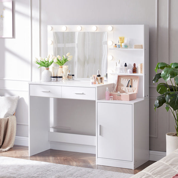 Vanity Desk with Mirror and Lights, 46.4IN Dressing Table with 2 Large Drawer&Large Vertical Organizer, 3 Level Dresser & 3 Lighting Modes Adjustable Brightness, Suitable for Bedroom(White) Doba