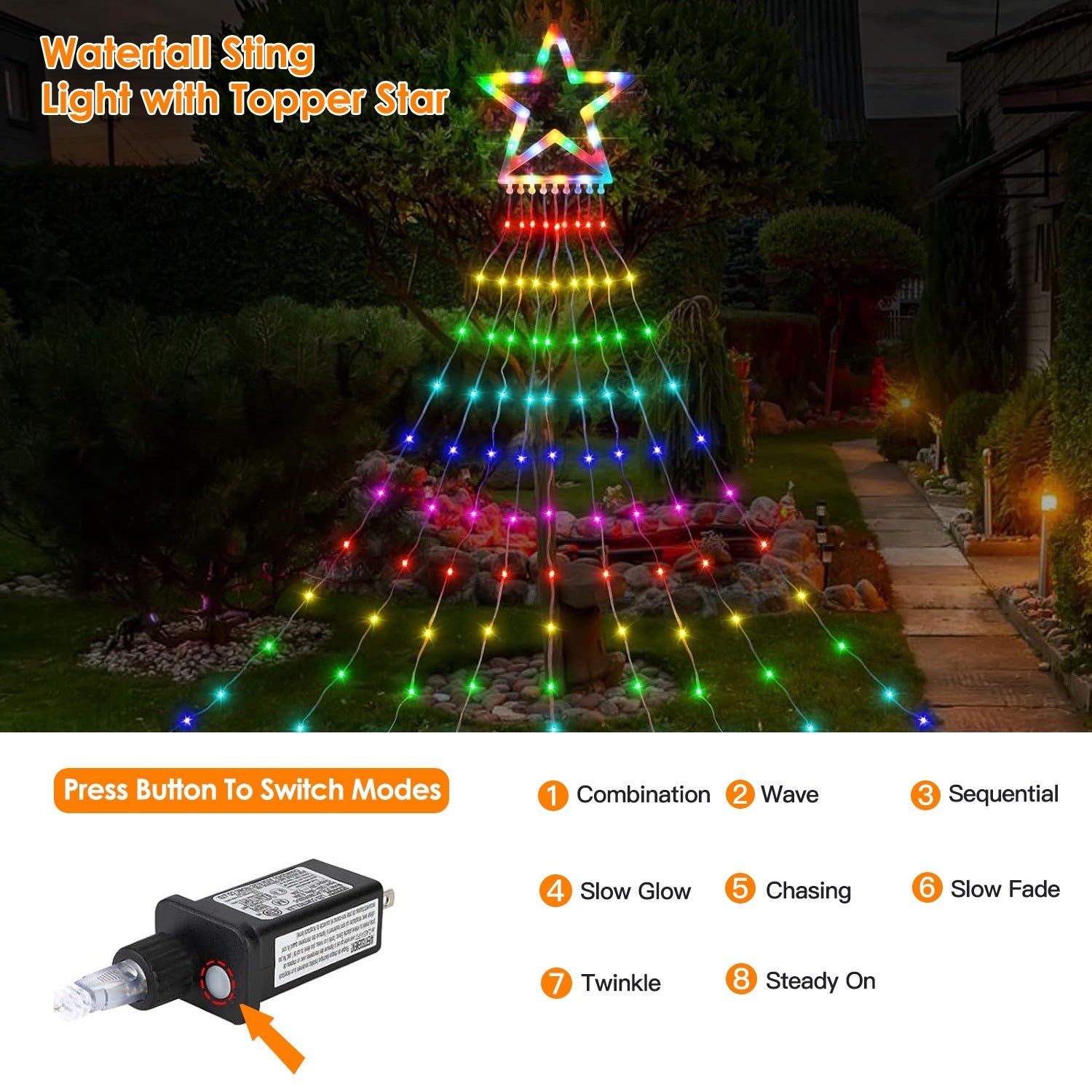 Christmas Hanging Waterfall String Light with Topper Star IP65 Waterproof Outdoor Plug In Fairy Waterfall Tree Light with 8 Lighting Modes Timer Memory Function Doba
