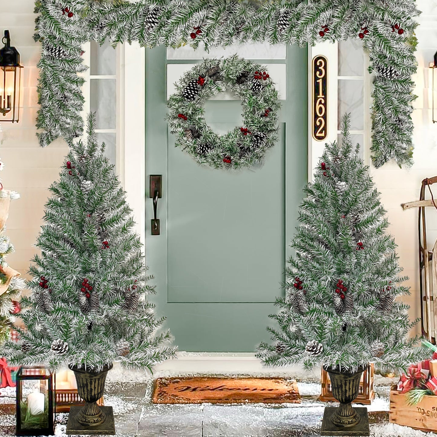 Pre-lit Xmas Tree Artificial Christmas 4-Piece Set,Garland, Wreath and Set of 2 Entrance Trees X-mas Doba