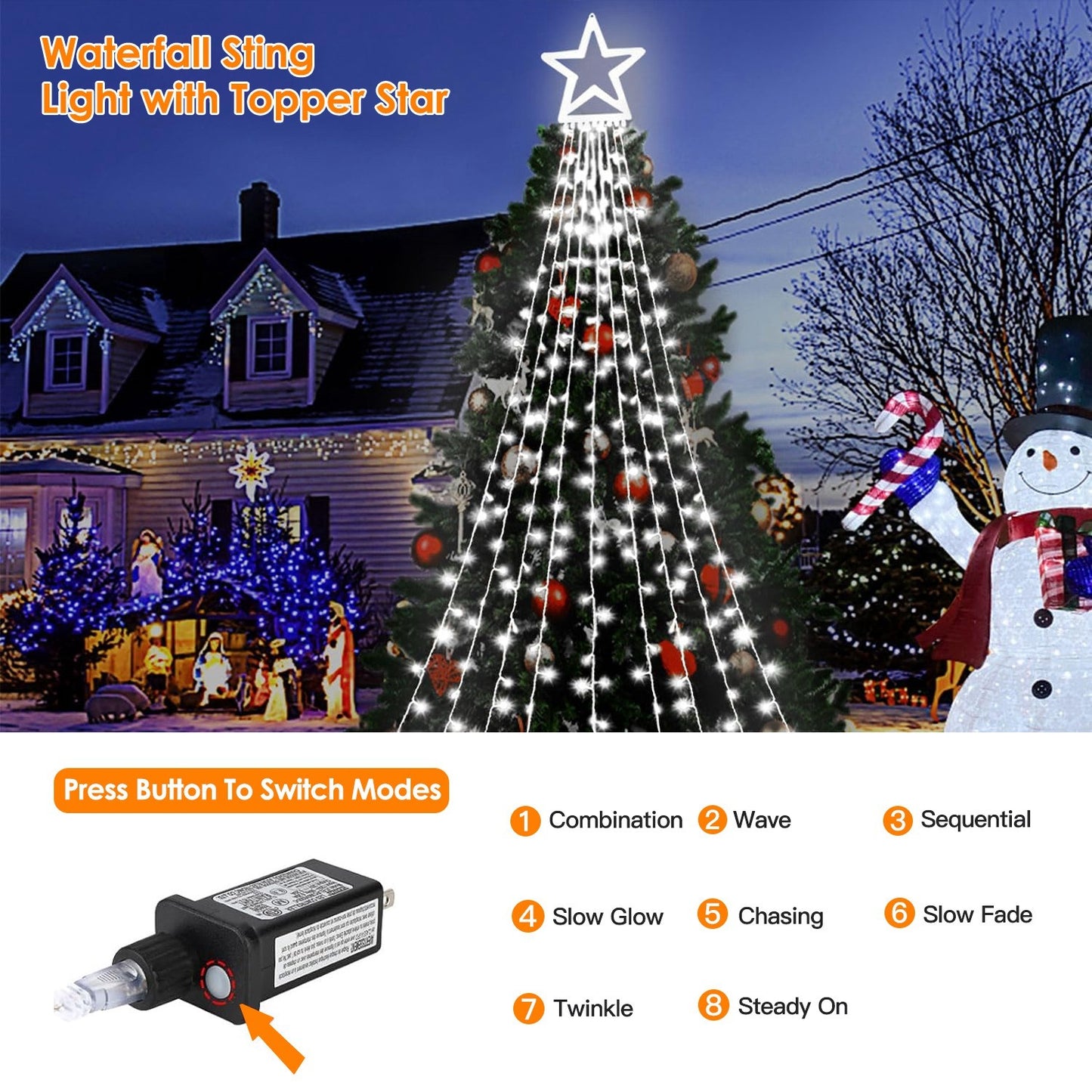 Christmas Hanging Waterfall String Light with Topper Star IP65 Waterproof Outdoor Plug In Fairy Waterfall Tree Light with 8 Lighting Modes Timer Memory Function Doba