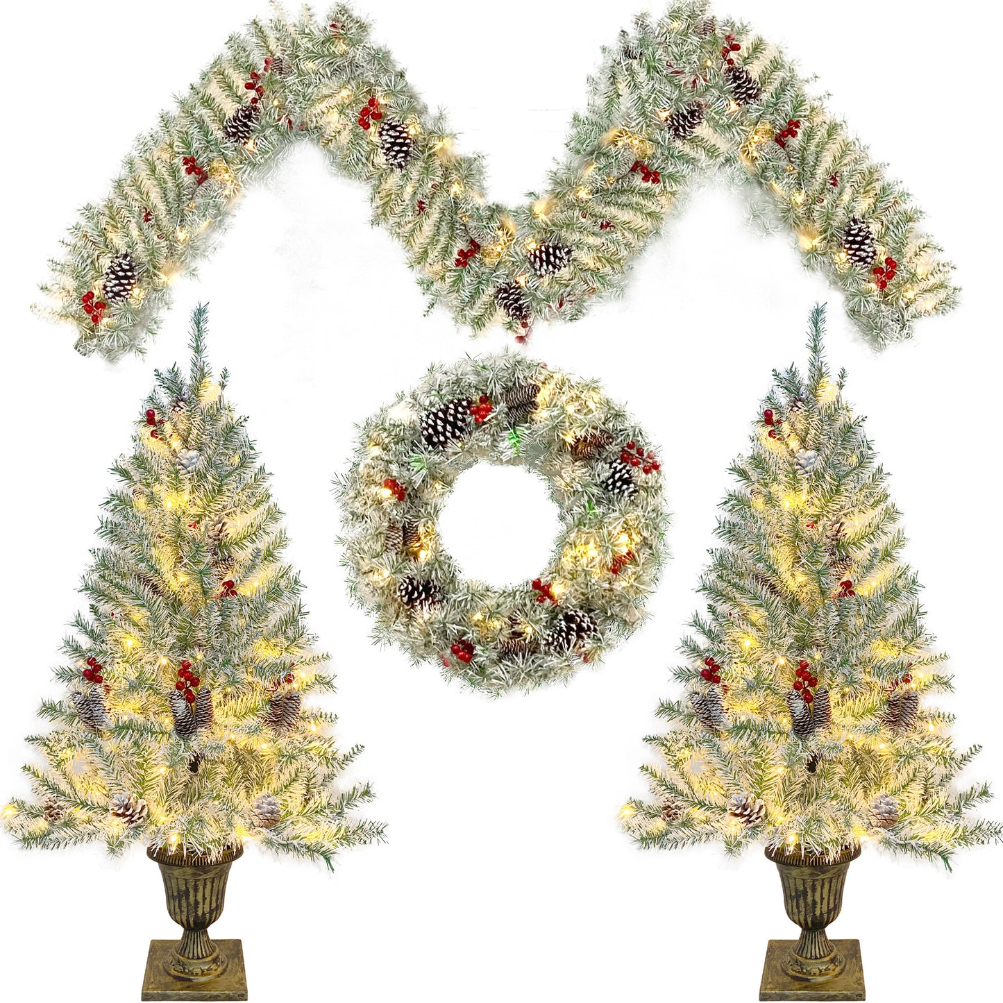 Pre-lit Xmas Tree Artificial Christmas 4-Piece Set,Garland, Wreath and Set of 2 Entrance Trees X-mas Doba