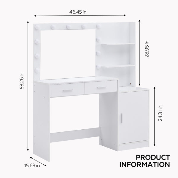 Vanity Desk with Mirror and Lights, 46.4IN Dressing Table with 2 Large Drawer&Large Vertical Organizer, 3 Level Dresser & 3 Lighting Modes Adjustable Brightness, Suitable for Bedroom(White) Doba