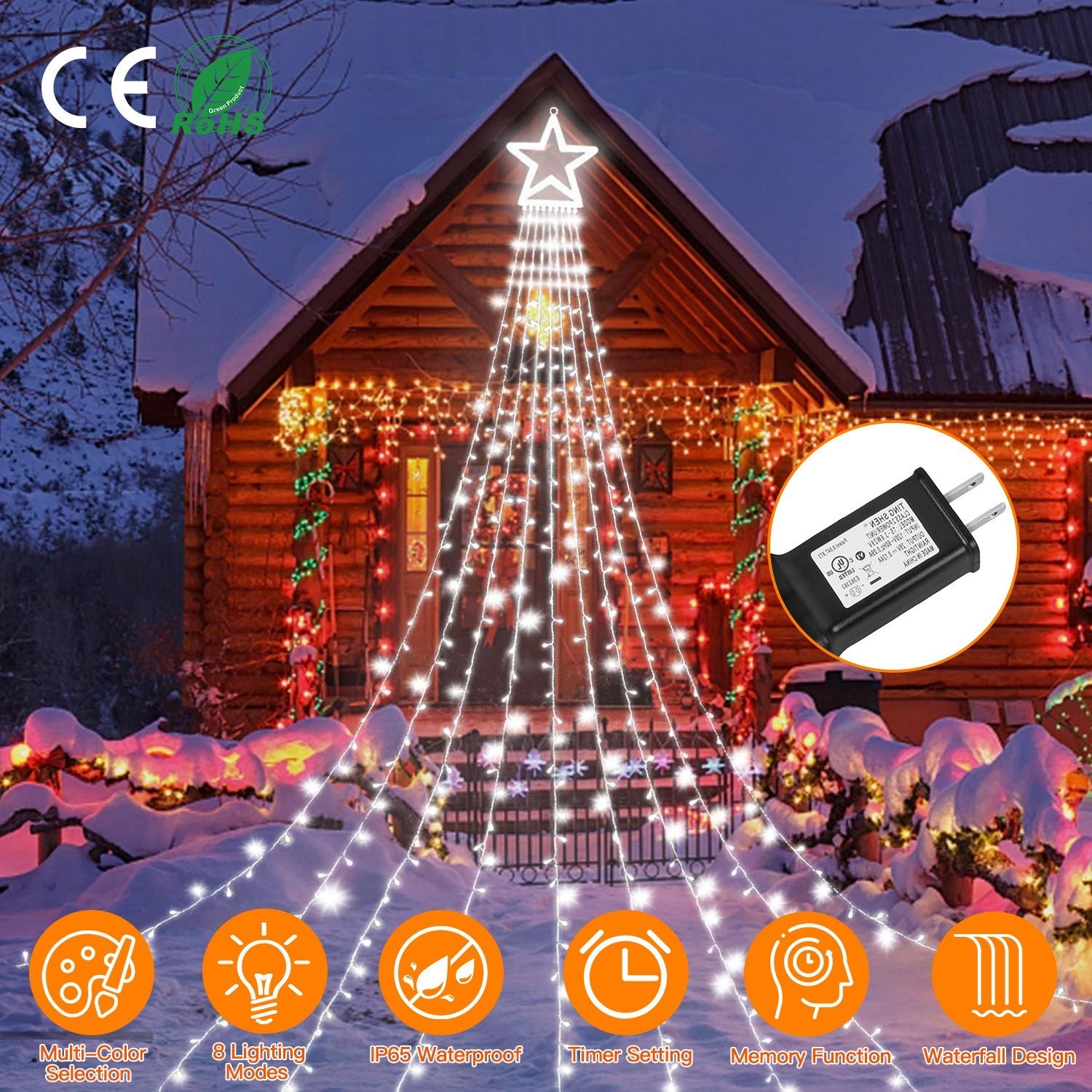 Christmas Hanging Waterfall String Light with Topper Star IP65 Waterproof Outdoor Plug In Fairy Waterfall Tree Light with 8 Lighting Modes Timer Memory Function Doba
