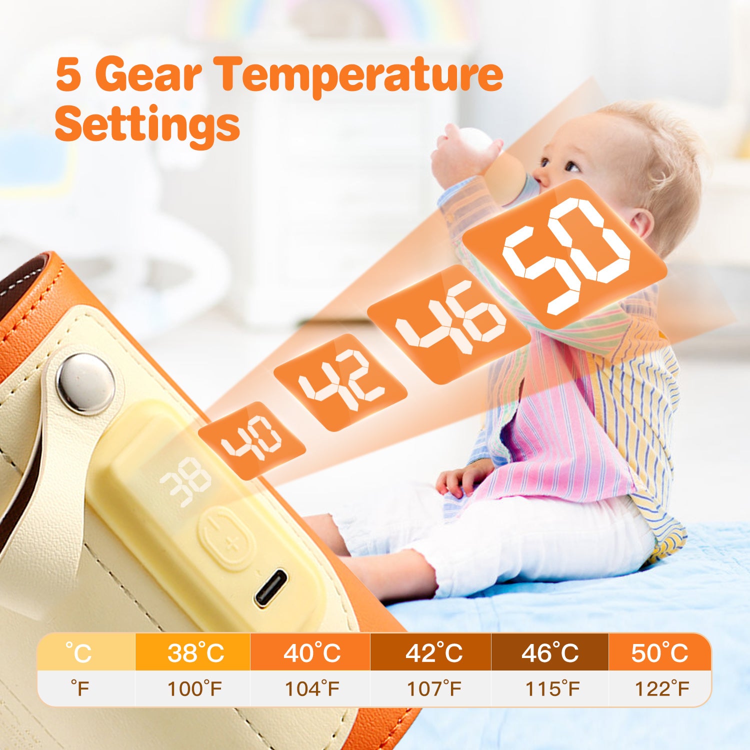 Portable Baby Milk Warmer 5 Temperature Adjustable Handhold Bottle Warmer with Fast Charge Adapter for Outdoor Car Travel Doba