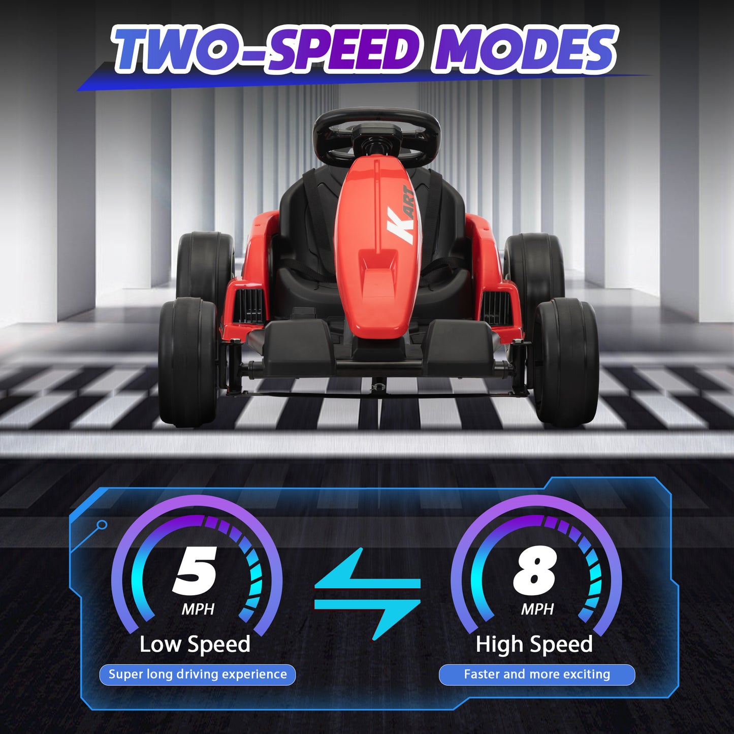 24V Electric Kids Go Kart, Battery Powered Outdoor Ride On Toy w/ 5 mph Max Speed, Music, Horn, Power Display, Protectors, Red and Black Doba