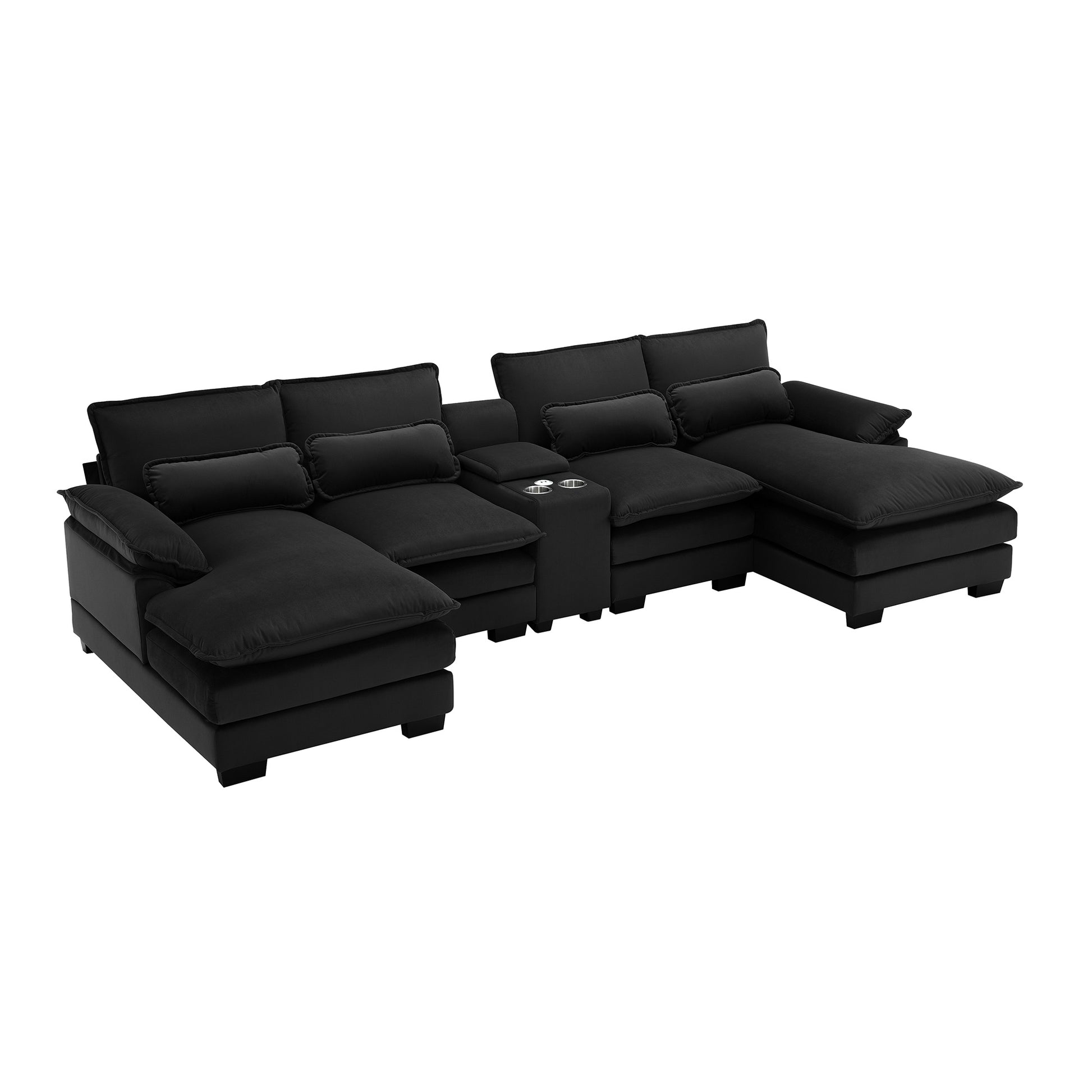 Modern U-shaped Sofa with Console,Cupholders and USB Ports,6-seat Furniture ,Sleeper Doba