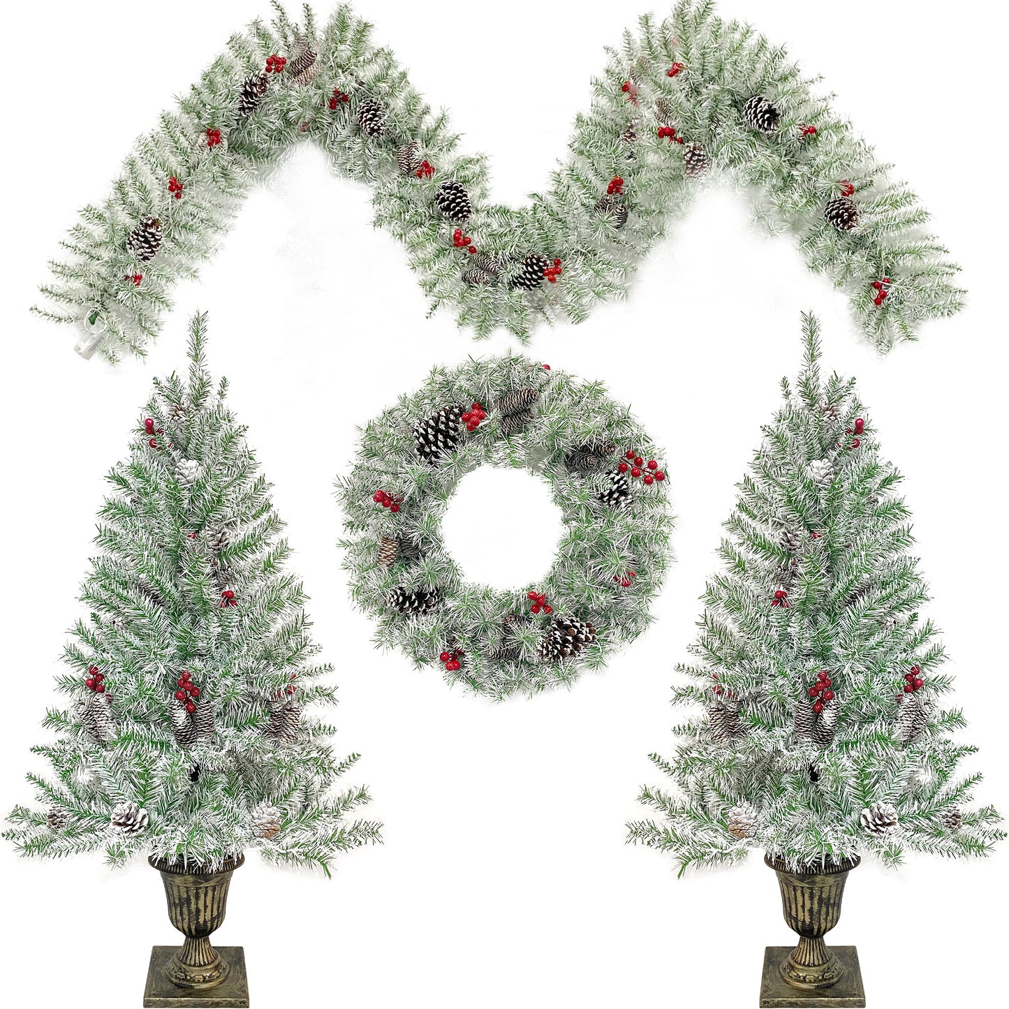 Pre-lit Xmas Tree Artificial Christmas 4-Piece Set,Garland, Wreath and Set of 2 Entrance Trees X-mas Doba