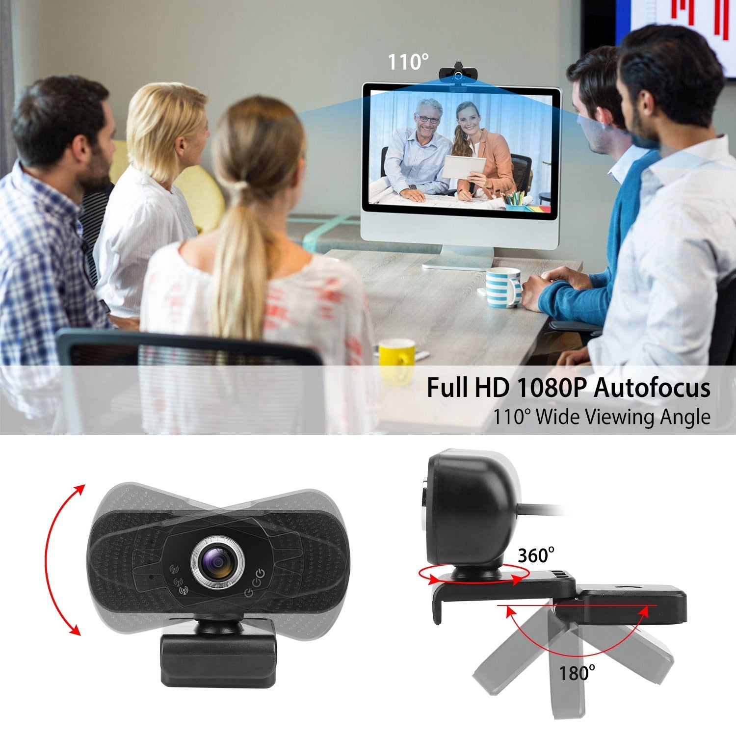 FHD 1080P USB Webcam w/ Microphone Privacy Cover Rotatable Clip Streaming USB Camera Plug And Play Doba