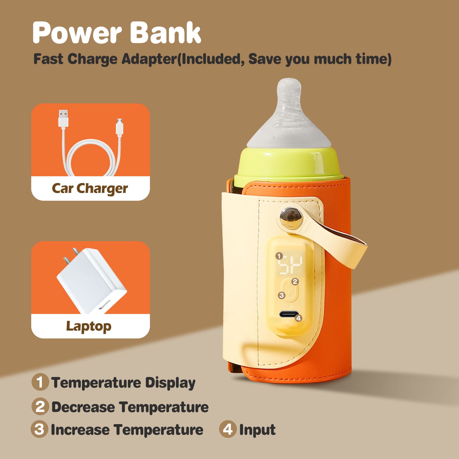Portable Baby Milk Warmer 5 Temperature Adjustable Handhold Bottle Warmer with Fast Charge Adapter for Outdoor Car Travel Doba