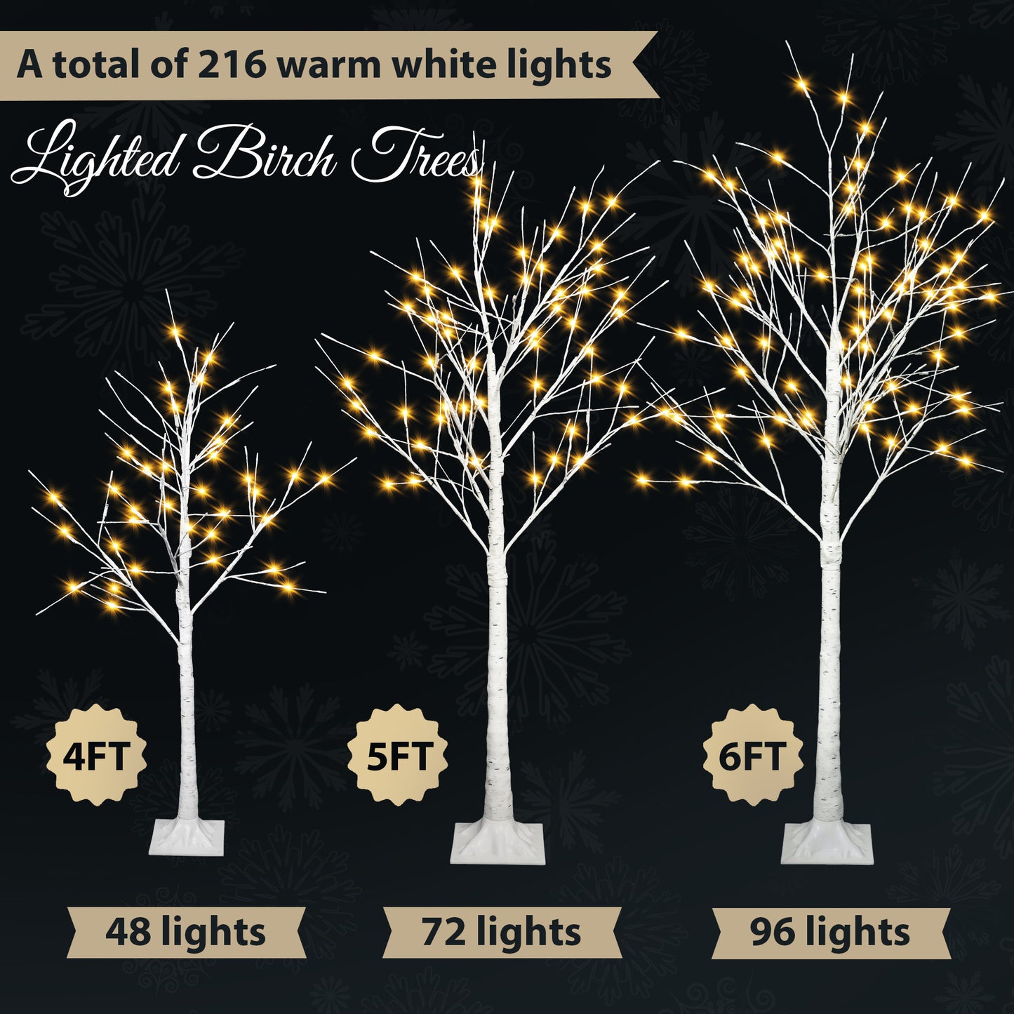 Set of Lighted Birch Tree,4FT 48 LED/5FT 72 LED/6FT 96 LED Artificial Tree with Warm White Lights,Christmas Tree Doba