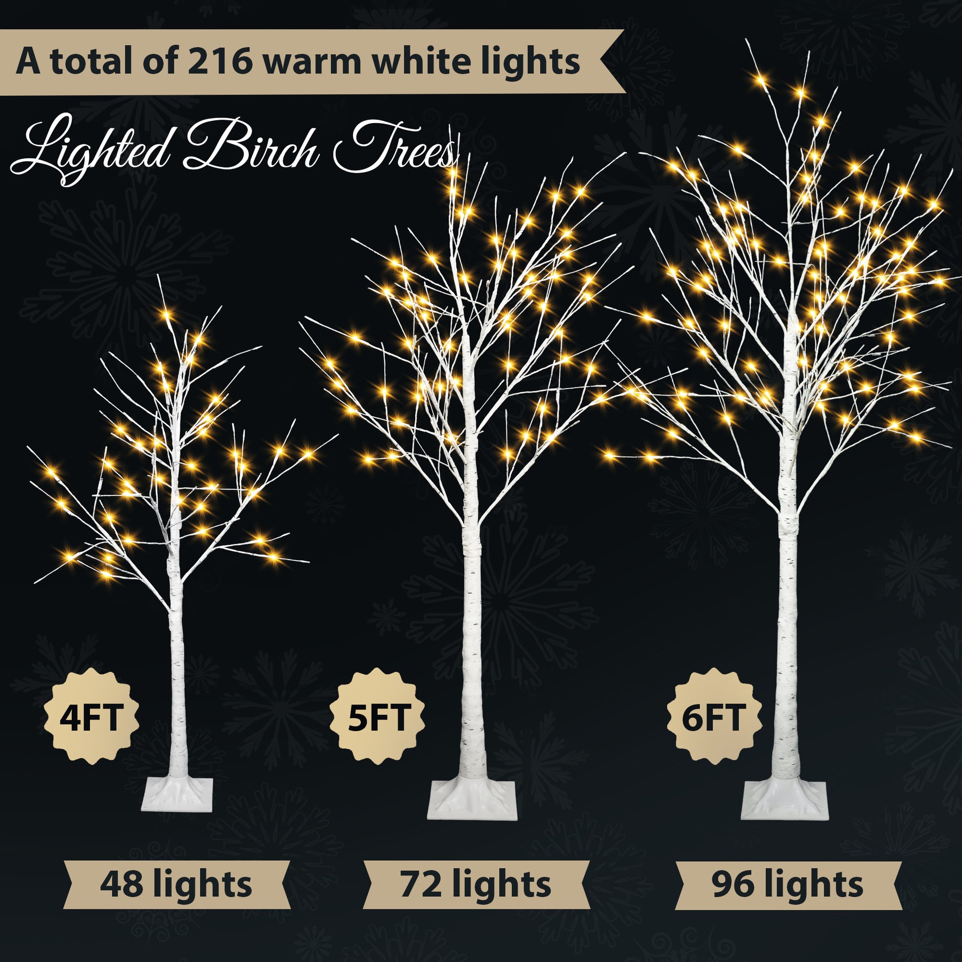 Set of Lighted Birch Tree,4FT 48 LED/5FT 72 LED/6FT 96 LED Artificial Tree with Warm White Lights,Christmas Tree Doba
