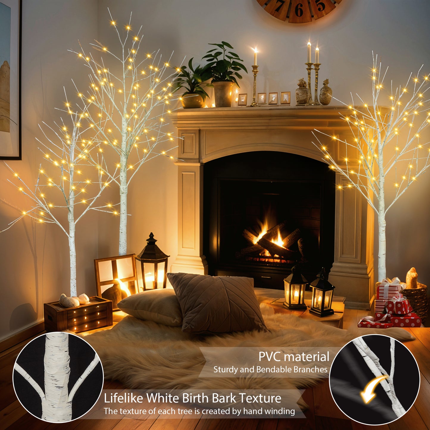 Set of Lighted Birch Tree,4FT 48 LED/5FT 72 LED/6FT 96 LED Artificial Tree with Warm White Lights,Christmas Tree Doba