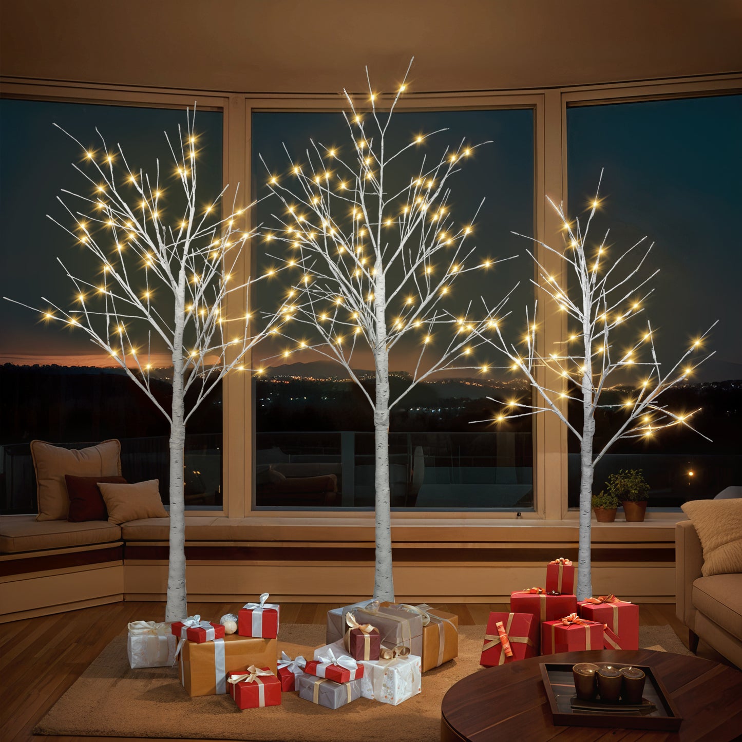 Set of Lighted Birch Tree,4FT 48 LED/5FT 72 LED/6FT 96 LED Artificial Tree with Warm White Lights,Christmas Tree Doba