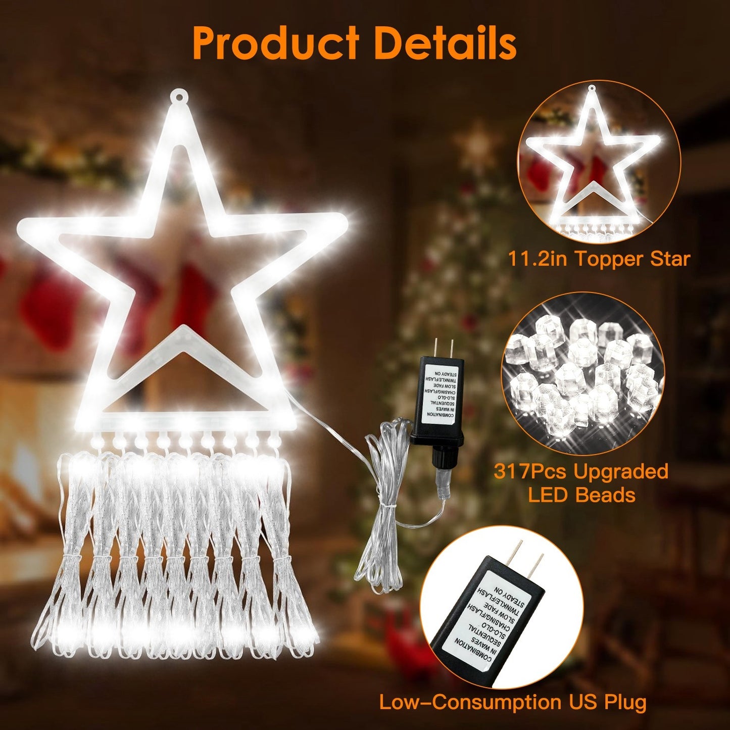 Christmas Hanging Waterfall String Light with Topper Star IP65 Waterproof Outdoor Plug In Fairy Waterfall Tree Light with 8 Lighting Modes Timer Memory Function Doba