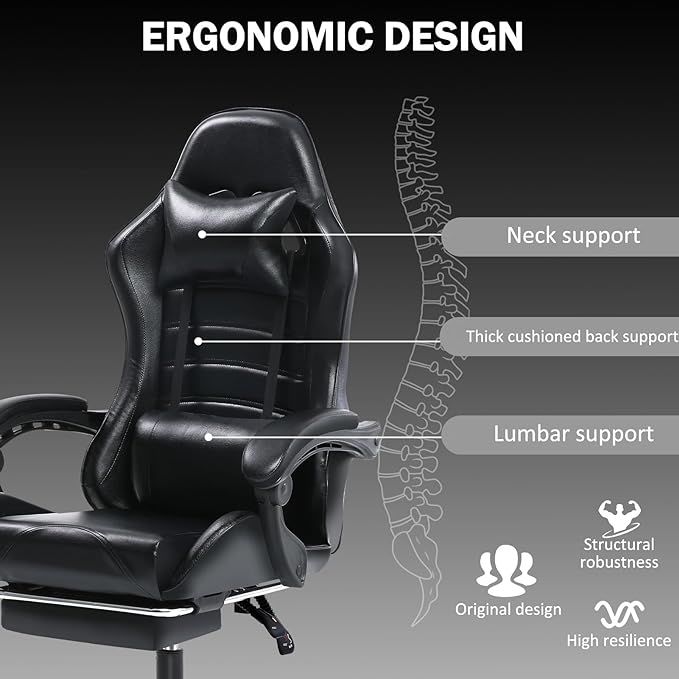Ergonomic Gaming Chair for Adults, Comfortable Computer Chair for Heavy People, Adjustable Height Office Desk Chair with Wheels, Breathable Leather Video Game Chairs Doba