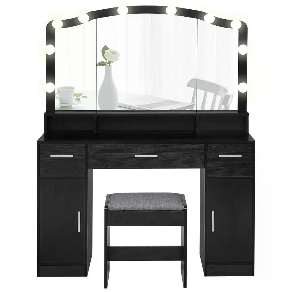 Dresser,43.3"with Illuminated Mirrors,10 LED Lights with 3 Drawers, 2 Cabinets and Long Storage Shelves with Stools,Vanity Desk Doba